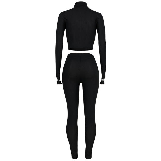 Black Cotton Blend Zipper Datail Long Sleeve Top with Pant Set TQK710132-2