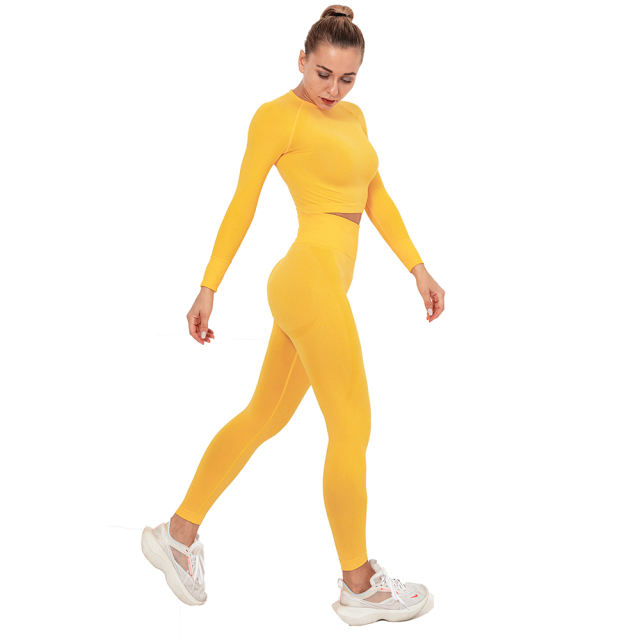 Yellow Seamless Long Sleeve Yoga Sports Set TQE00135-7