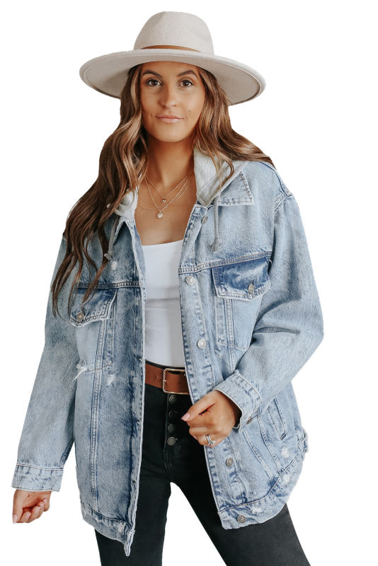 Sky Blue Button Closure Ripped Hooded Denim Jacket LC788143-4