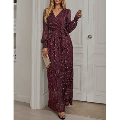 Burgundy Sequin V Neck High Split Maxi Dress TQK311352-23