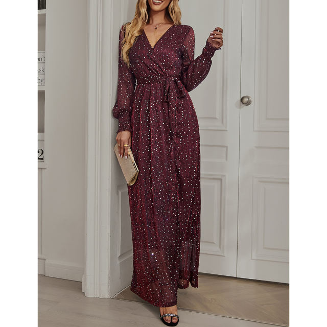 Burgundy Sequin V Neck High Split Maxi Dress TQK311352-23