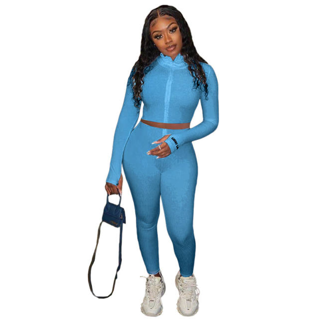 Blue Cotton Blend Zipper Datail Long Sleeve Top with Pant Set TQK710132-5