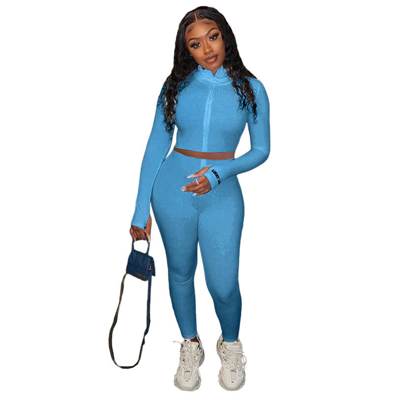 Blue Cotton Blend Zipper Datail Long Sleeve Top with Pant Set TQK710132-5