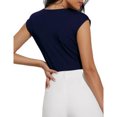 Navy Blue Solid V Neck Sleeveless Bodysuit TQV220175-34