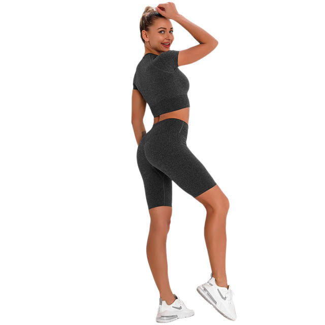Dark Gray Seamless Short Sleeve Yoga Sports Set TQE00138-26