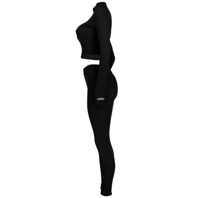 Black Cotton Blend Zipper Datail Long Sleeve Top with Pant Set TQK710132-2