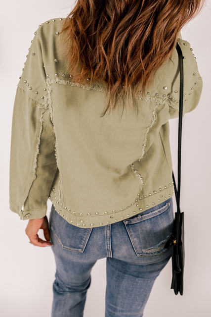 Khaki Frayed Trim Rivet Denim Jacket LC788104-16