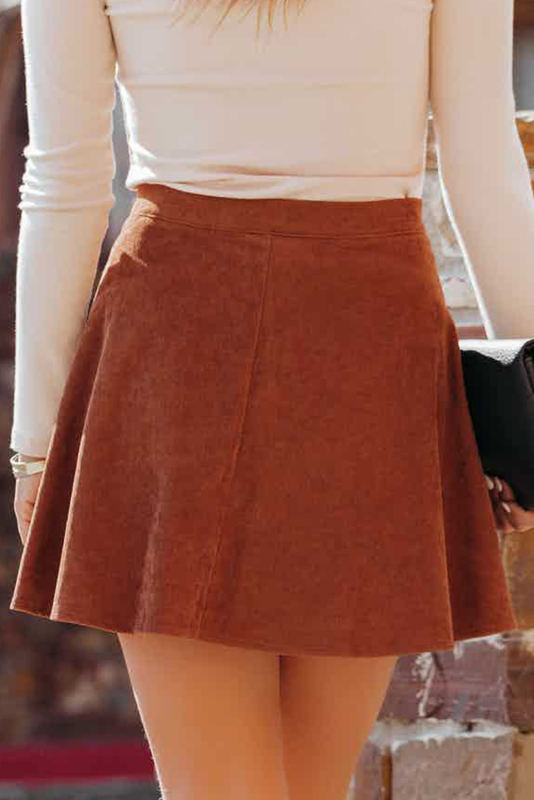 Brown Button Front Corduroy Mini Skirt LC721094-17