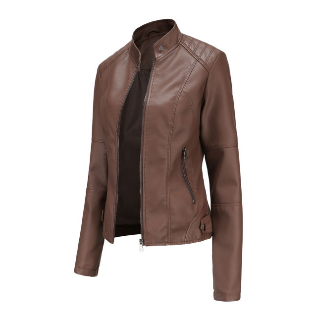 Coffee Slim Fit Stand Collar PU Motorcycle Jacket TQK280091-15