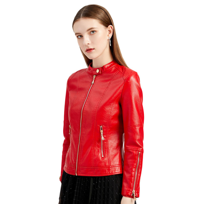 Red Stand Collar Zipper Detail PU Leather Jacket TQK280094-3