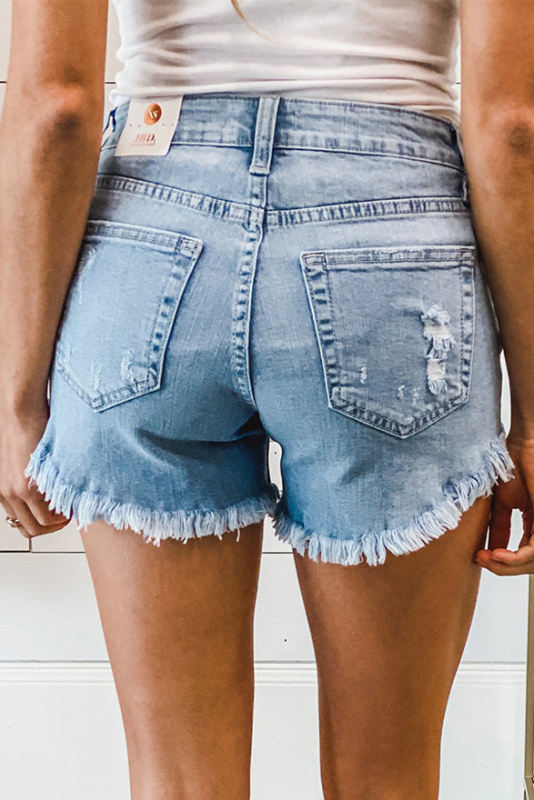 Light Blue Frayed Hem Denim Shorts LC781042-5