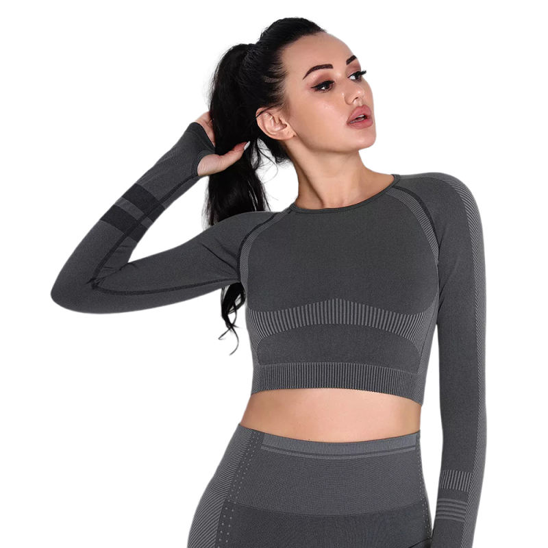 Black Seamless Knit Long Sleeve Pant Yoga Set TQE91372-2