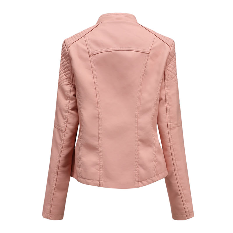 Light Pink Zipper Slim Fit Motorcycle PU Leather Jacket TQK280090-39