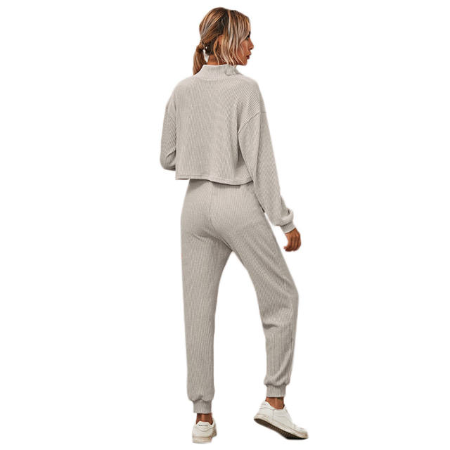 Light Gray Zipper Up Leopard Detail Sweatshirt with Pant Set TQK710222-25