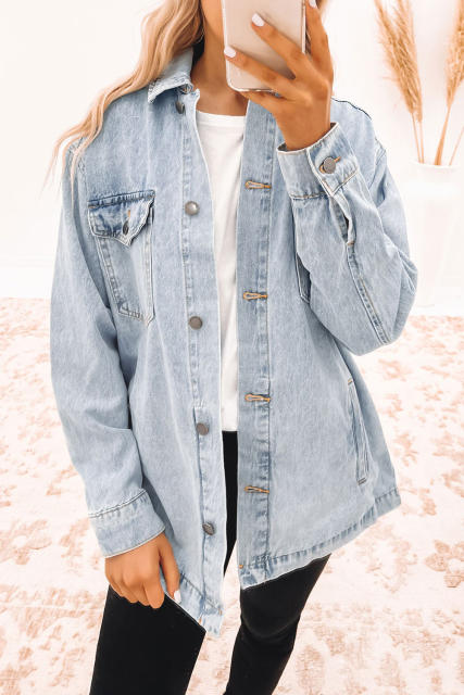 Sky Blue Acid Wash Flap Pocket Boyfriend Shacket  LC788148-4