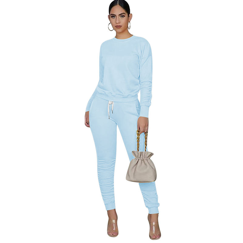 Light Blue Cotton Blend Sweatshirt Joggers Loungewear Set TQK710133-30