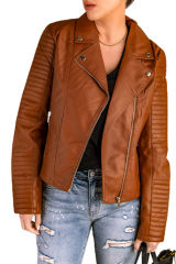 Brown Ribbed Seam Detail Faux Leather Zipped Motorcycle Jacket LC8512444-17