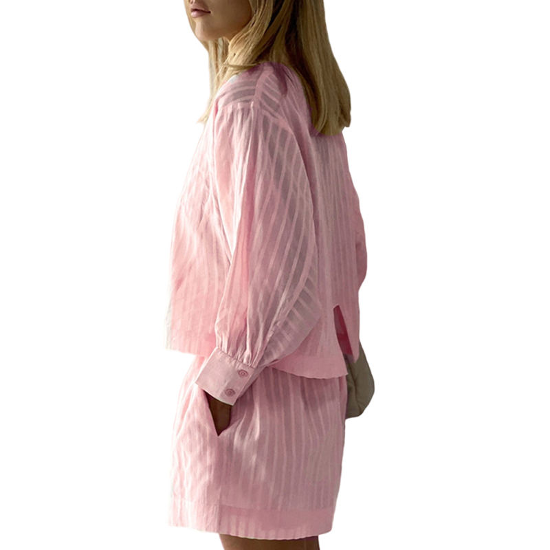 Pink Jacquard 100%Cotton Button Shirt and Shorts Set TQF711024-10