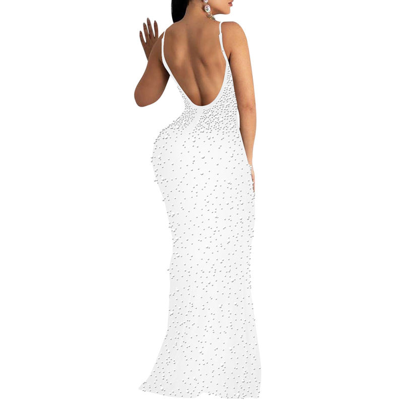 White Rhinestone Open Back Mermaid Maxi Dress TQK311126-1