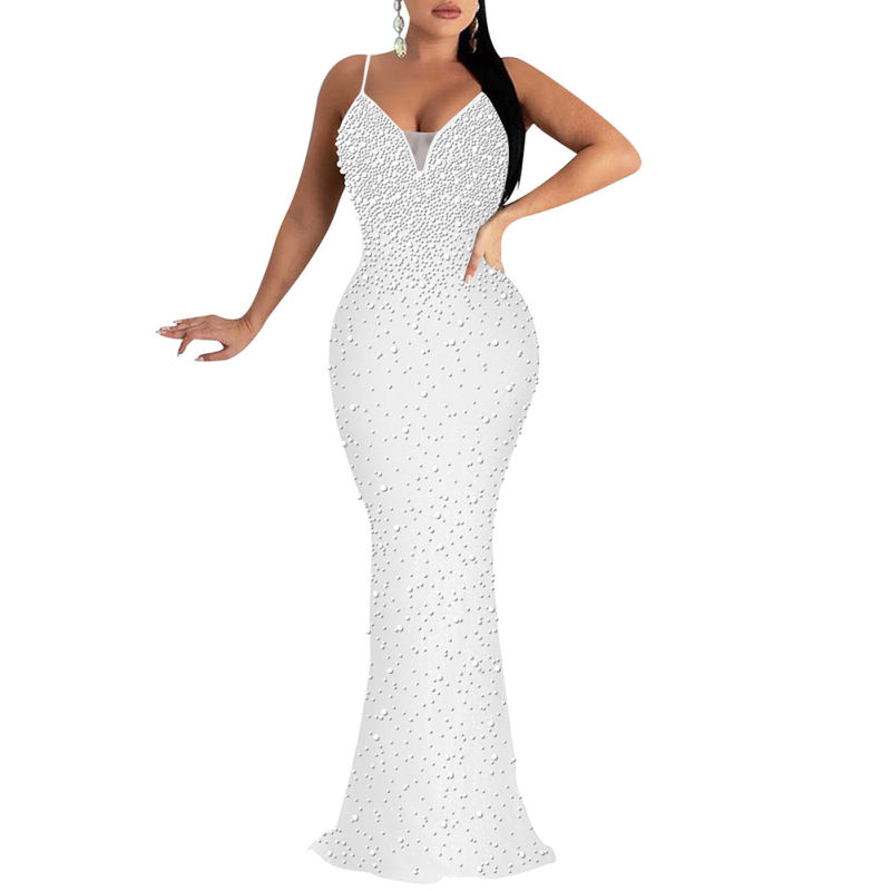 White Rhinestone Open Back Mermaid Maxi Dress TQK311126-1