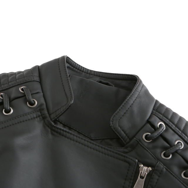 Black Zipper Slim Fit Motorcycle PU Leather Jacket TQK280090-2