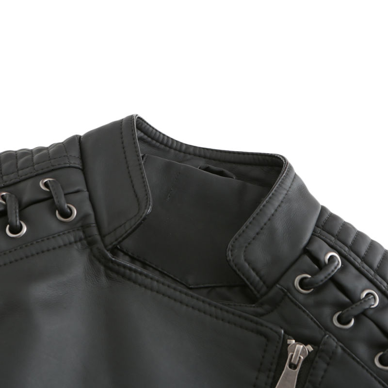 Black Zipper Slim Fit Motorcycle PU Leather Jacket TQK280090-2