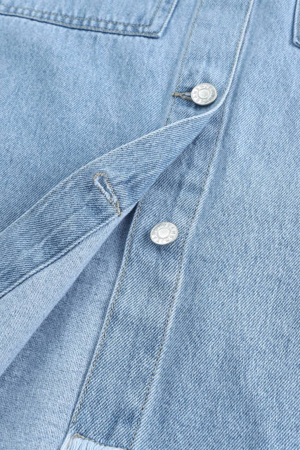 Sky Blue Rhinestone Pearls Denim Shacket LC788118-4