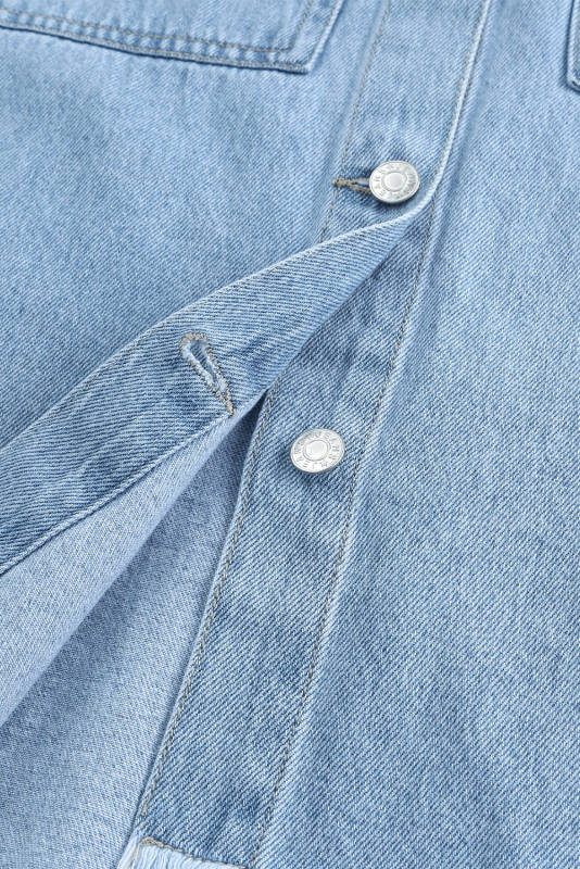 Sky Blue Rhinestone Pearls Denim Shacket LC788118-4