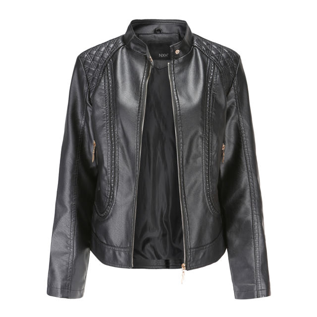 Black Classic Style Stand Collar PU Leather Jacket TQK280092-2