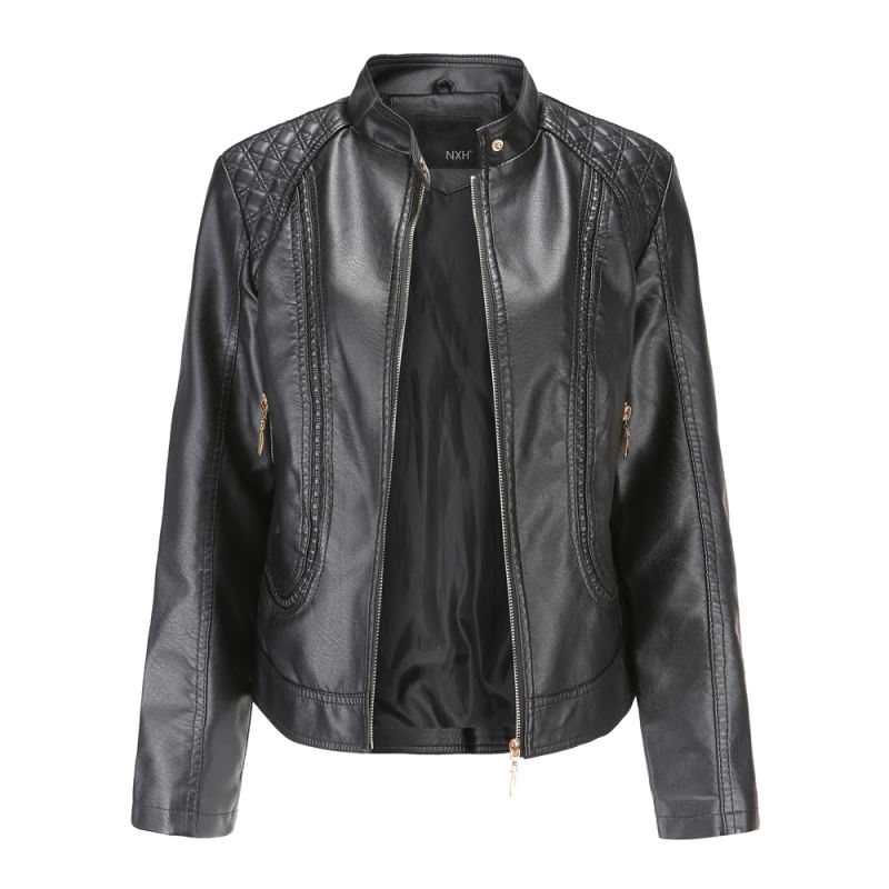 Black Classic Style Stand Collar PU Leather Jacket TQK280092-2
