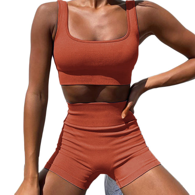 Coffee Seamless Knit Yoga Bra with Shorts Set TQK710237-15