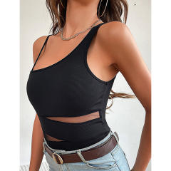 Black Multi Cut-out Asymetrical Rib Bodysuit TQV220140-2