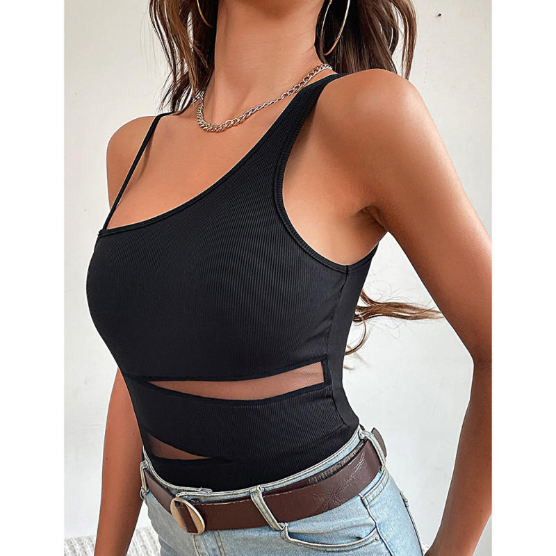 Black Multi Cut-out Asymetrical Rib Bodysuit TQV220140-2
