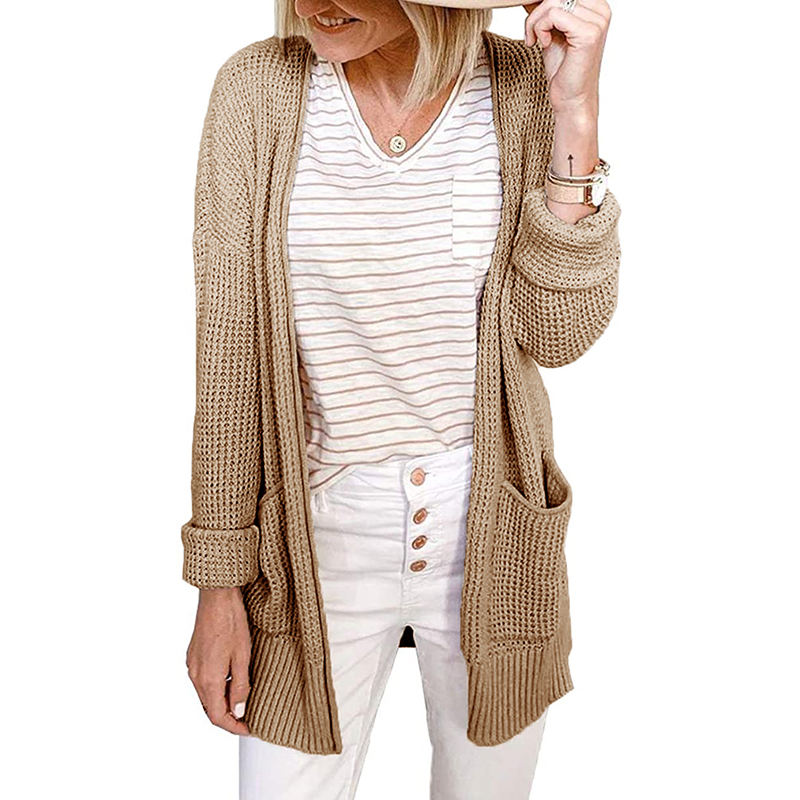 Khaki Waffle Knit Cardigan with Pockets TQK271081-21