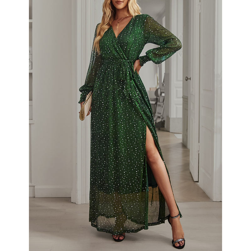 Green Sequin V Neck High Split Maxi Dress TQK311352-9