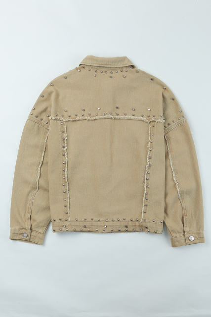 Khaki Frayed Trim Rivet Denim Jacket LC788104-16
