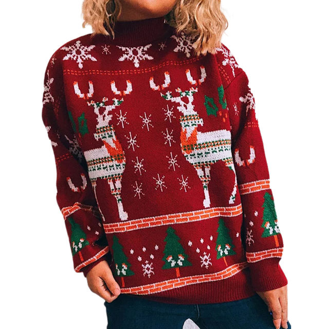Red Christma Tree Deer Snowflake Print Knit Pullover TQK271415-3