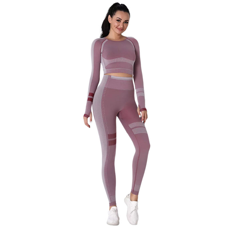 Wine Red Seamless Knit Long Sleeve Pant Yoga Set TQE91372-103