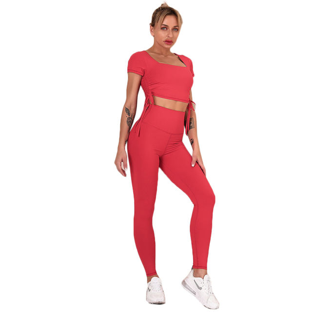 Red Sides Drawstring Short Sleeve Yoga Pant Set TQK710243-3