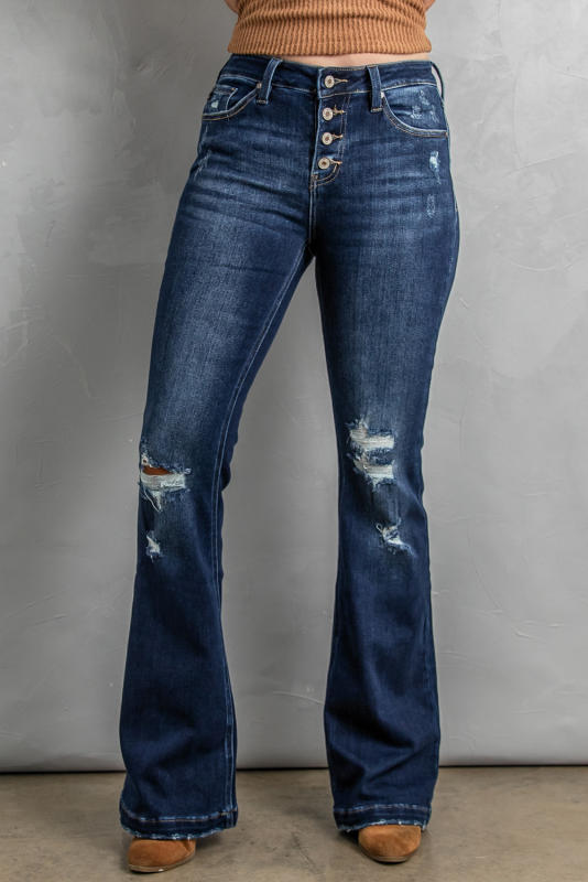 Dark Washed Distressed Flare Bottom Jeans LC783659-5