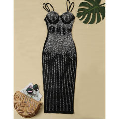 Black Mesh Rhinestone Plus Size Sling Dress TQK310775-2
