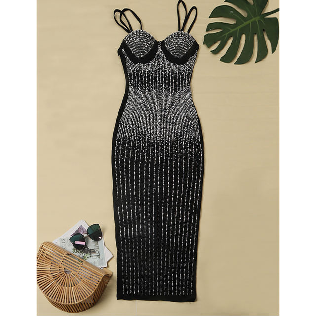 Black Mesh Rhinestone Plus Size Sling Dress TQK310775-2