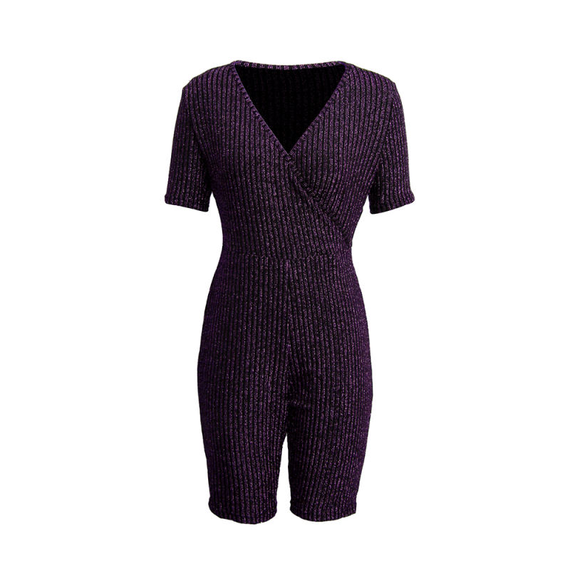 Purple V Neck Short Sleeve Yoga Romper TQK550228-8