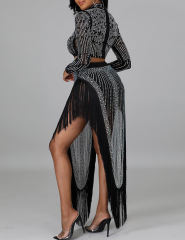 Black Rhinestone Long Sleeve Crop Tops and Tassels Skirt Set TQV810016-2