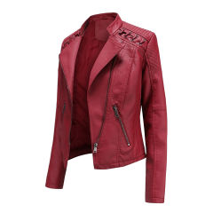 Red Zipper Slim Fit Motorcycle PU Leather Jacket TQK280090-3
