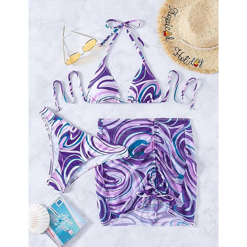 Purple 3pcs Stripe Drawstring Skirt with Halter Bikini Set TQK610253-8
