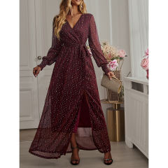 Burgundy Sequin V Neck High Split Maxi Dress TQK311352-23