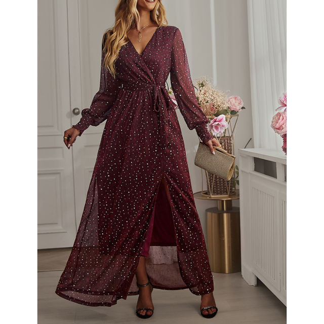Burgundy Sequin V Neck High Split Maxi Dress TQK311352-23