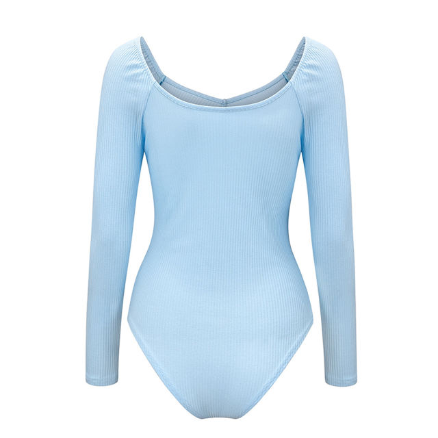 Light Blue Pleated V Neck Long Sleeve Bodysuit TQK550215-30