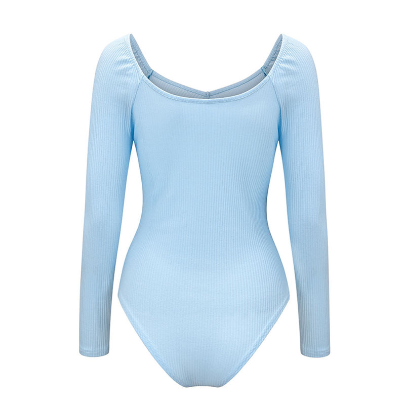 Light Blue Pleated V Neck Long Sleeve Bodysuit TQK550215-30